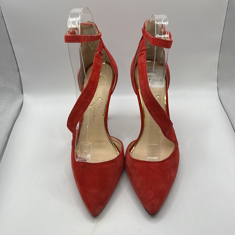 Jessica Simpson Red Strappy High Heels Stiletto Shoes Pumps Suede Leather Ankle